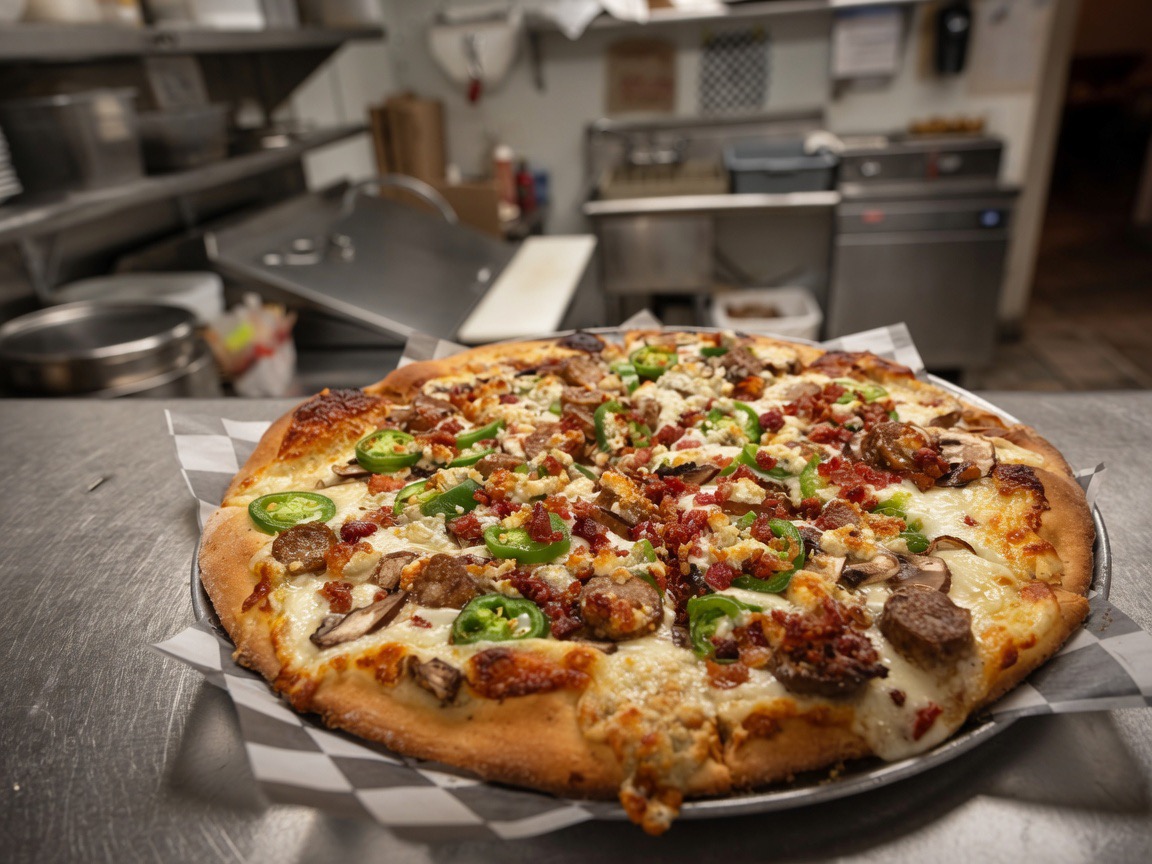 Specialty pizza with sausage and jalapeño